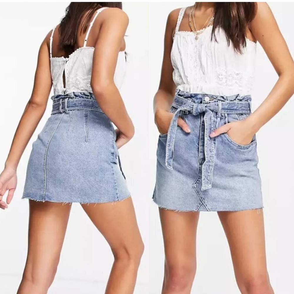 Free People East of Eden Medium Wash Denim Belted Mini Skirt